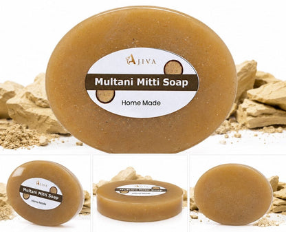 Ajiva Multani Mitti Soaps (Pack of 4) | Handmade Ayurvedic Soap for Glowing & Even-Toned Skin