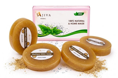 Ajiva Multani Mitti Soaps (Pack of 4) | Handmade Ayurvedic Soap for Glowing & Even-Toned Skin